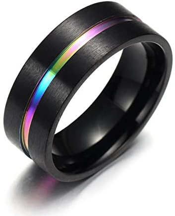YAHOYA Schwarzes Titan Edelstahl Einfacher Ring Ehering 8mm Bunte Regenbogen Paar Ring