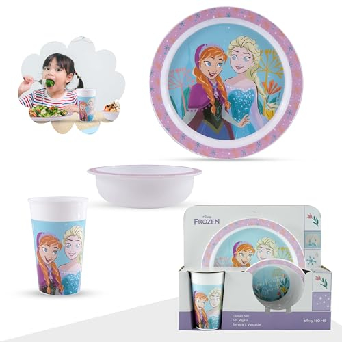 Service de table réutilisable 5 pièces La Reine des Neiges - Tasse, bol empilable, assiette, fourchette et cuillère - Sans BPA - Pour enfants de 4 ans et plus