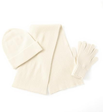 Unisex 3Pcs Cashmere Wool Scarf Hat Gloves Set, Soft Ribbed Cuffed Beanie Glove Scarves Set for Men and Women with Gift Box (White)