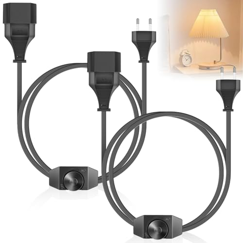 2 Stück LED Dimmer mit Schalter, Euro Stecker Verlängerungskabel Drehdimmer mit 2m Kabel (Stecker + Buchse), für LED Leuchtmittel Geräuschlos Dimmschalter für Dimmbare Led, Schwarz