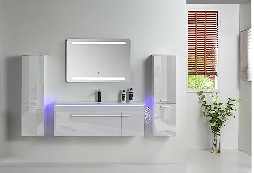 Faizee Home | Badmöbel Komplettset mit Waschbecken 6-teiliges 90 cm Weiß Hochglanz – Keramik-Waschbecken mit eckigem LED-Spiegel & 2 Seitenschränken | Modernes Badezimmermöbel-Set mit viel Stauraum