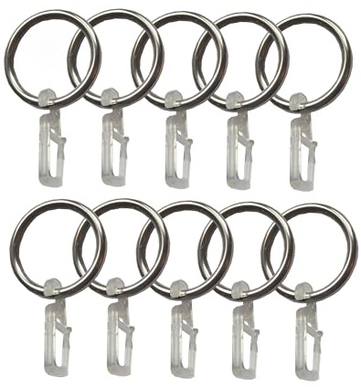 BASIT 10 Stück Gardinenringe Metall mit Gardinenhaken - Clips Haken C10 | Vorhangringe mit Vorhanghaken Edelstahl Optik Innendurchmesser ca. 25mm I Gardinenstangenset zum zusammenstellen
