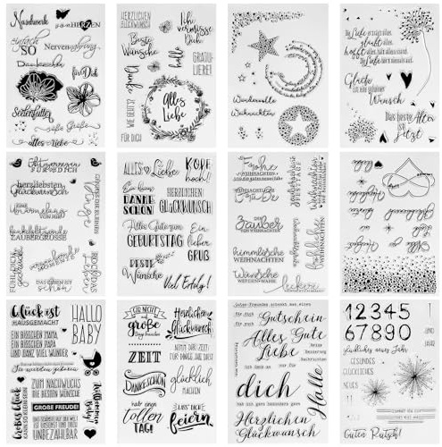 NISHZHU Silikonstempel Set, 12 Stempel Sprüche,Enthält Eine Vielzahl Von Mustern Silikon Stempelset,Silikon Stempel,Geeignet füR Diy Hochzeitseinladung Tagebuch Clear Stamp