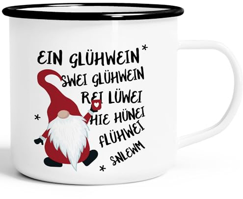 MoonWorks® Emaille-Tasse Spruch Ein Glühwein Swei Glühwein-Becher Wichtel Weihnachtsmarkt Geschenk Weihnachtsmann Emaille-weiss-schwarz standard