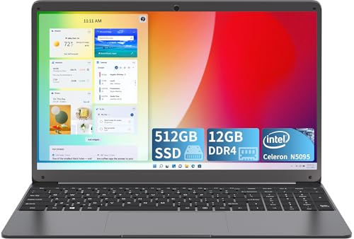 SGIN Laptop Computer 12GB DDR4 512GB SSD, 15.6 Zoll Laptop PC mit Quad-Core N5095 Prozessor, 1920 * 1080 IPS FHD Display, 2.4/5G WiFi, BT5.0, USB3.2 * 2, 180° Erweitert, 53.2WH Akkus