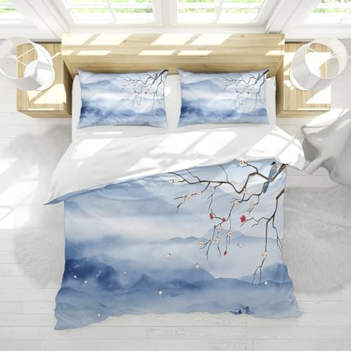 DINGSION Bettwäsche Set 3 Stück Blue Mountain Wonderland White Red Plum Blossoms Niedlicher Vogel Schlafzimmer Bettwäsche-Set mit 2 Kissen Shams Reißverschluss 230 x 230 cm