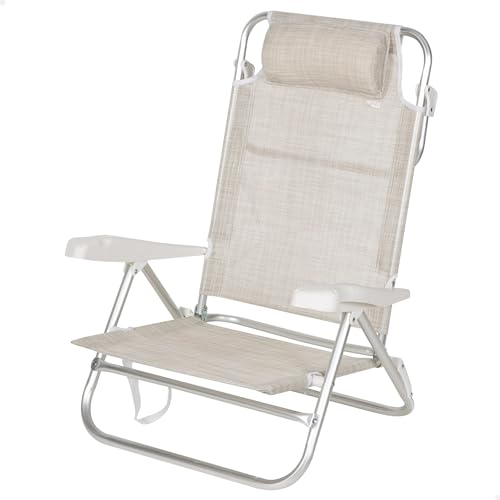 AKTIVE Hopfällbar strandstol, 7 positioner, beige, 47 x 49 x 82 cm, inklusive vadderad kudde, bärhandtag, stöder 110 kg, vilstolar, multiposition (62667)
