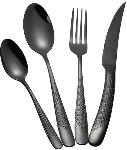24-Piece Black Cutlery Set with Ultra Sharp 2-in-1 Serrated Knive, 18/10 Stainless Steel Hammered Silverware Set, Flatware Set for 6 People, Knives Forks Spoons Set