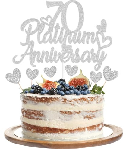 Gidobo 70th Platinum Anniversary Cake Toppers, Glittery Cake Decorations with Love Heart Pick for 70th Wedding Anniversary Party Supplies