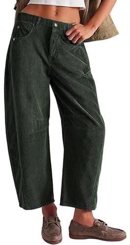 TERAZUNO Lösa Byxor med Medelhög Höjd för Kvinnor Vida Ben Lösa Retro Harem Cropped Byxor Y2k Baggy Vintage Barrel Byxor med Dragkedja Och Ficka Vår Höst Corduroy Byxor 90-tal Streetwear(Green,M)