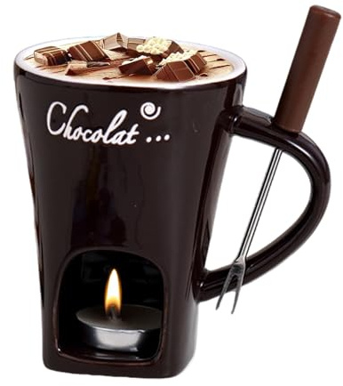 Xiwhuua Schokoladen Fondue Becher, Schokoladenfondue Set mit Edelstahl Gabeln, Teelicht Schokofondue Tasse, Keramik Schokoladen Fondue Tasse, Kleines Fondueset für Schokolade Käse
