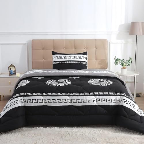 Bettdecke 200x220 Ohne Bezug Nutzbar, Liniendruck Bettdecken Waschbar Ganzjahresdecke Schwarz Und Weiß 4 Jahreszeiten Steppdecke, Bettzeug Microfaser mit 2 Kissenbezug für Sommer Winter Doppelbett