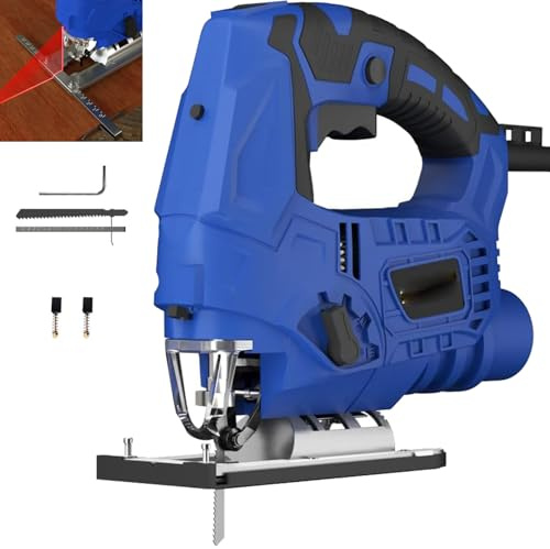 2000W Jigsaw Tool with LED Light, 6 Variable Speed Electric Jig Saws, 4 Orbital Sets, 0°-45° Bevel Cutting, 6 Variable Speed, Electric Jigsaw for Wood Metal Cutting, Blue