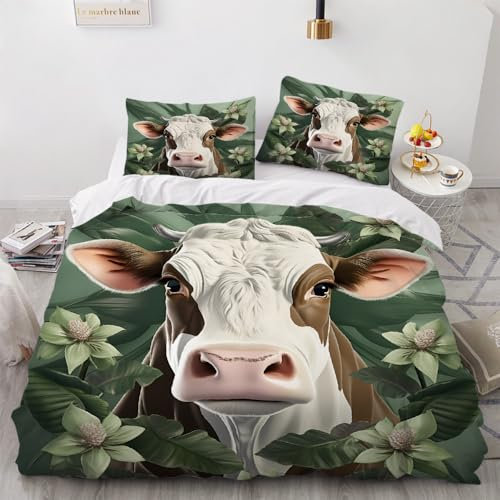 Vaca Lechera Juego De Funda NóRdica 3 Piezas, Juego De Cama Flor Verde Planta Microfibra Transpirable Suave con Funda NóRdica Fundas De Almohada Cama De Bebé NiñOs NiñA