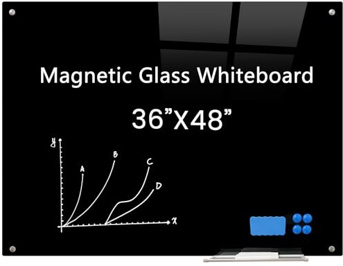 Magnetic Glass Black Board 48x36 Glass Dry Erase Blackboard Tempered Glass Whiteboard Wall Mounted for Office School Home (Black)