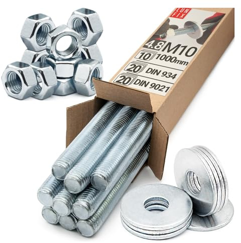Gewindestangen Set M10 x 1000 mm 10 Stk mit Muttern und Unterlegscheiben | DIN 976 Klasse 4.8 verzinkt, Sechskantmuttern DIN 934, Karosseriescheiben DIN 9021, für Bau Handwerk
