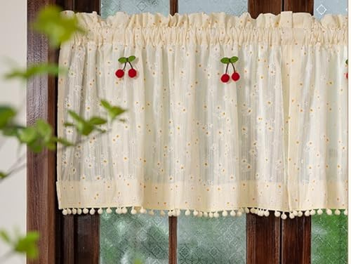izielad Gänseblümchen Scheibengardine Landhaus Kurz Bistrogardine Bistrovorhang Country Elegant Kurzgardine Kleine Vorhang Küchenvorhang Küchegardine mit Quaste Kirsche DIY BxH 140x50cm
