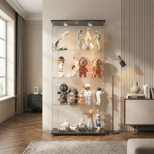 Vetrinetta in Vetro,Vetrina Espositiva per Collezionismo con LED e Serratura, 4 Ripiani in Vetro e 2 Porte, Vetrina Soggiorno Moderna, Nero(164x80x36cm)