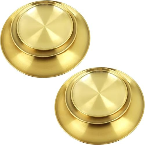 Bhina 6 Unidades Gold Platos Redondos de Acero Inoxidable para Camping, Bajos Platos de Metal, Plato Redondos de Diferentes Tamaños Servir Plato Duraderos para Picnic Cocina Fiestas (23/26/30cm)