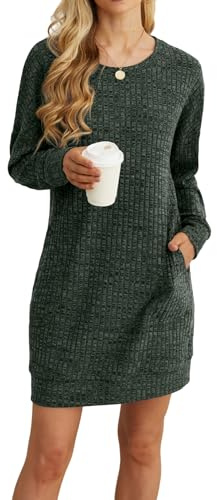 PrinStory Kleid Langarm Damen Winterkleid Lässig Rundhals Pulloverkleid Leicht Freizeitkleid Mit Taschen Strickkleid Longpullover (Armeegrün, S)