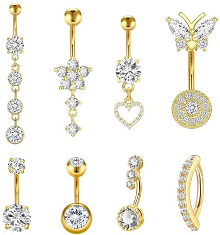 louuuou 8 PCS Dangly Belly Button Bars Gold Belly Bar Belly Button Piercing
