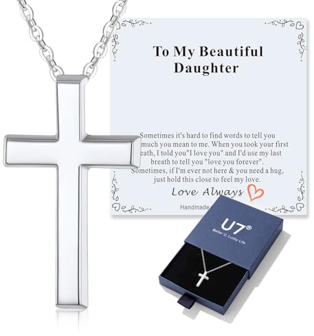 U7 Cross Necklace for Women, Choker Necklaces with Message Card, Stainless Steel Chain with Christian Pendant, Cubic Zirconia Jesus Jewellery, First Communion Gifts for Girls
