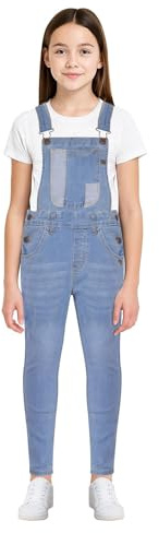 A2Z 4 Kids Salopette in denim per ragazze, jeans lavaggio leggero, cinghie regolabili, multi tasca, comoda, elasticizzata, tuta intera intera 5-13 anni, Azzurro, 9-10 Years