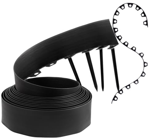 GARDENIX Borde Flexible de plástico para césped, Negro, 10 m, 20 Anclajes, 10 cm de Altura, Resistente a la Intemperie, Borde Redondo, para Jardines y Robot cortacésped
