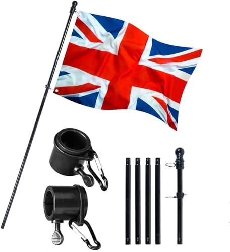 6FT Flag With Pole, Wall Mounted Flagpole Kit, No Mounting Bracket Required, Stainless Steel Black Flagpole Set For House, Garden