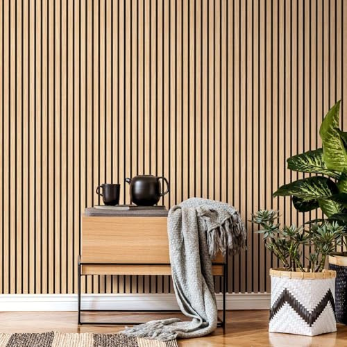 Slat Wall Panelling 2400mm x 600mm, 1 Pack Acoustic Wall Slatted 3D Wood Veneer Panels, Sound Absorbing Decorative Self Adhesive Wall Panels, Sound Proof Panels for Walls Office Bedroom (Black Oak)