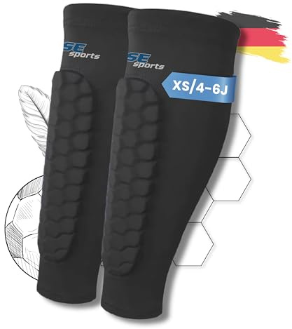 SE sports – XS – Schienbeinschoner Kinder Fußball – von ca. 4-6 Jahren (bis 125cm/25kg) – weiche Waben-Polsterung & rutschfest – atmungsaktive & leichte Soft-Schoner
