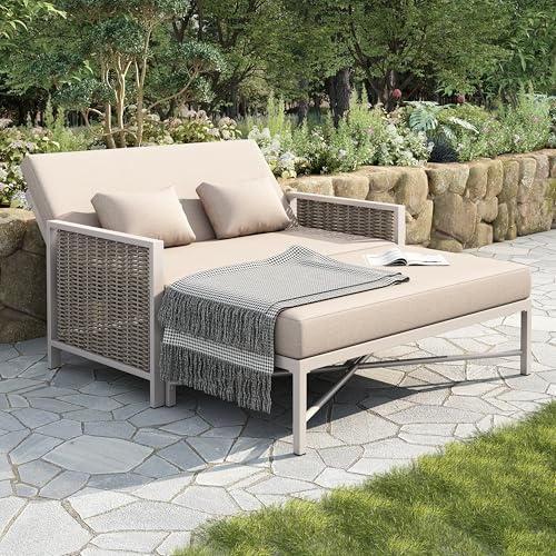 Merax Gartensofa für 2 Personen, Liegebett 2 in 1, mit 5-Fach Verstellbarer Rückenlehne 0–65°, klappbare Fußstütze, verzinkter Stahlrahmen, Sitzkissen, für Balkon Garten Terrasse, Khaki
