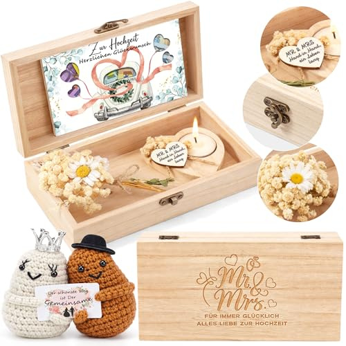 Hochzeitsgeschenke für Brautpaare, Geldgeschenk Hochzeit, Holz Liebes Romantisches Hochzeitsgeschenke, inklusive Strickwolle Kartoffel Puppe, Ewige Blumen, Holz Kerzenhalter in Herzform, Hochzeitstag