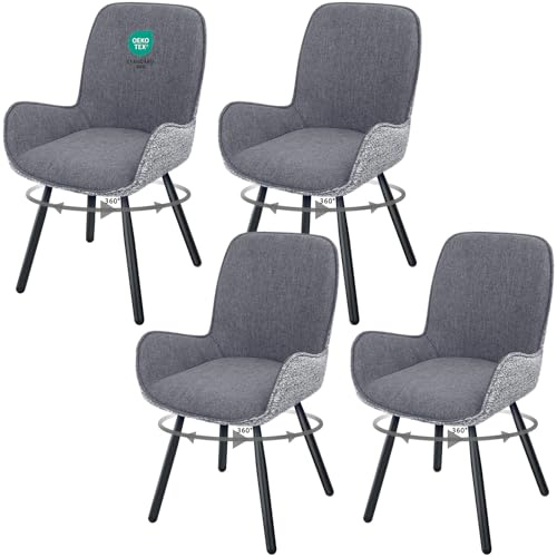 WAFTING Esszimmerstühle Drehbar 4er Set mit Armlehne, 360° Drehbarer Polsterstuhl aus Stoff mit Rückenlehne und Metallbeinen, Moderner Küchenstuhl Drehstuhl für Esszimmer,Wohnzimmer,Büro, Dunkelgrau