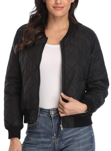 andy & natalie Women's Bomber Jacket Long Sleeve Zip up Raglan Bomber Jacket with Pockets Black-1 Large
