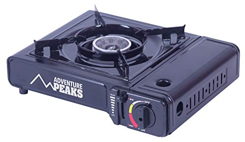 Adventure Peaks Portable Camping Gas Cooker Single Burner Stove Automatic Ignition System Enamel Pan Holder Butane BBQ Carry Bag Caravan Outdoor