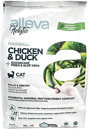 ALLEVA - Alleva Holistic Trockenfutter mit Huhn & Ente + Aloe Vera - Katzenfutter - Speziell gegen Haarballen - 1,5 kg