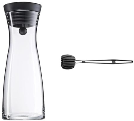 WMF Basic Wasserkaraffe aus Glas, 1 Liter, Glaskaraffe mit Deckel, Silikondeckel, CloseUp-Verschluss & Basic Flaschenbürste lang 41 cm, Reinigungsbürste mit 6 weichen Reinigungsschwämmen