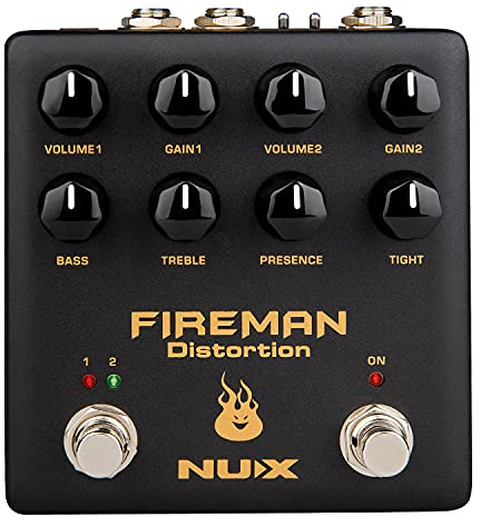 Nux NDS-5 Fireman AMP Distortion-Pedal, E-Gitarren Effektpedal (Modern Brown Sound, 2 unabhängige Volume und Gain Regler, 18V / 9V Kippschalter, True-Bypass & Buffer-Bypass Schalter), Schwarz/Gold