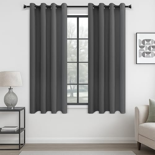 MRTREES Vorhang Blickdicht Gardinen Thermovorhang mit Ösen Verdunklungsvorhang Ösenschal Vorhänge Kurz Modern 160×140cm(H×B) Dunkelgrau 2er Set für Wohnzimmer Schlafzimmer Kinderzimmer