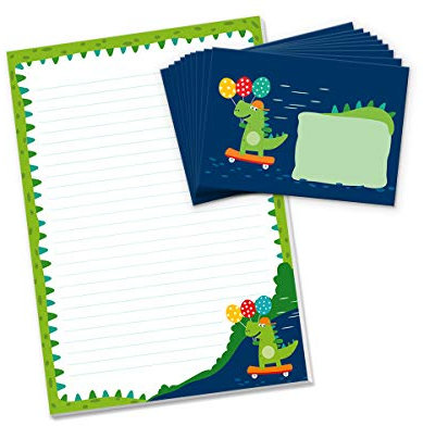 Briefblock mit Umschlag Dinosaurier für Kinder Briefpapier-Set Tiere (Block A4 mit 25 Blätter + 15 Umschläge)
