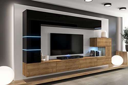 Furnitech Wohnwand Wohnzimmer - Möbel mit LED Blau - Hängend Wohnwand Modern - Schrankwand mit Regale und TV Schrank (AN89NEW-21BDZ-HGM24)