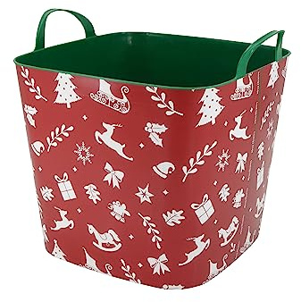 SP Berner - Cesta Leña con Decoracion Navidad | Capazo Plastico Multiusos con Adornos Navideños - Diseño Motivos Navidad - 25 L