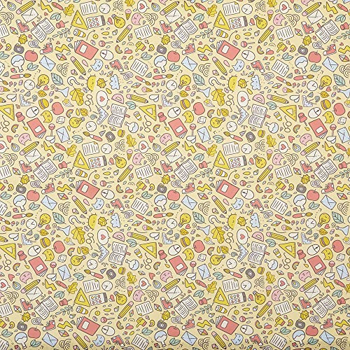 Kt KILOtela - Patchwork-tyg, bomull, digitalt tryck, sömnad, hantverk, 100 cm längd x 140 cm bred, rolig skola, böcker, blyertspennor, gul | 1 meter