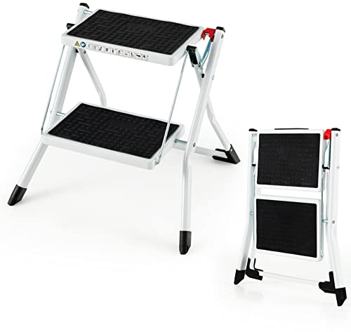 COSTWAY Klapptritt mit 2 Stufen, Trittleiter Klappbar, 20 cm breit, bis 150 kg belastbar, Klappleiter mit Tragegriff & Anti-Rutsch-Pedal, Haushaltsleiter für Zuhause Büro Garage, Metall, Weiß
