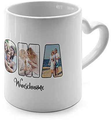 PhotoFancy® - Herztasse 'OMA' - Personalisierte Fototasse mit eigenem Foto und Text - Tasse mit Herz-Henkel selbst gestalten - Weiß