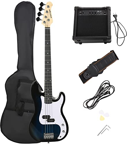 SPORTNOW Chitarra Basso Elettrico 4 Corde con Amplificatore 15W, Borsa, Tracolla e Plettri, Colore Blu Scuro