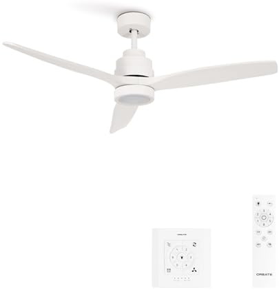 CREATE/ WINDSTYLANCE NATURAL WOOD/Deckenventilator mit Beleuchtung Weiß mit Wandschalter und Fernbedienung / 40W, Leise, Ø132 cm, 6 Geschwindigkeiten, Timer, Sommer-Winterbetrieb, doppelte Höhe