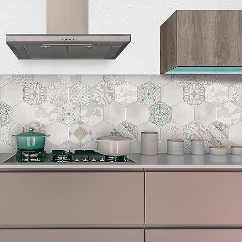 CREARREDA Panneau anti-éclaboussures de cuisine autocollant mural facile à appliquer beige Hexagons 260 x 60 cm 100% fabriqué en Italie, ignifuge et résistant à l'eau Bavettes en PVC