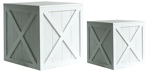 COLLECTIVE HOME - Wood Storage Ottoman, Rustic Storage Stool, 2 Pack Cube Seat Foot Rest Stool, Accent Side Table, Metal Storage Bin for Living Room Furniture, 16/12 (White, barn Door)